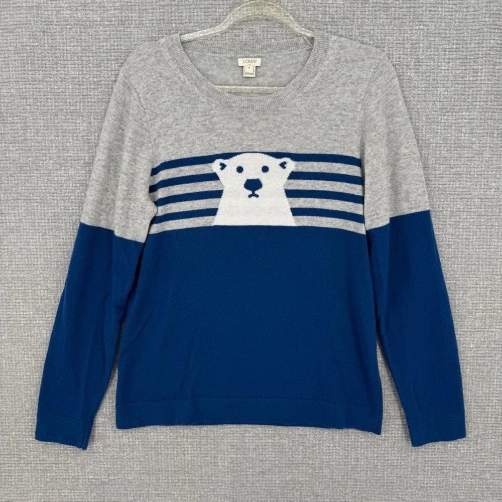 J Crew Polar Bear Sweater Women Medium Blue Gray Striped Merino Wool Blend Boho